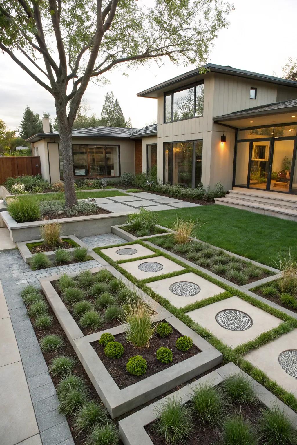 Geometric garden beds provide a structured and contemporary front yard style.