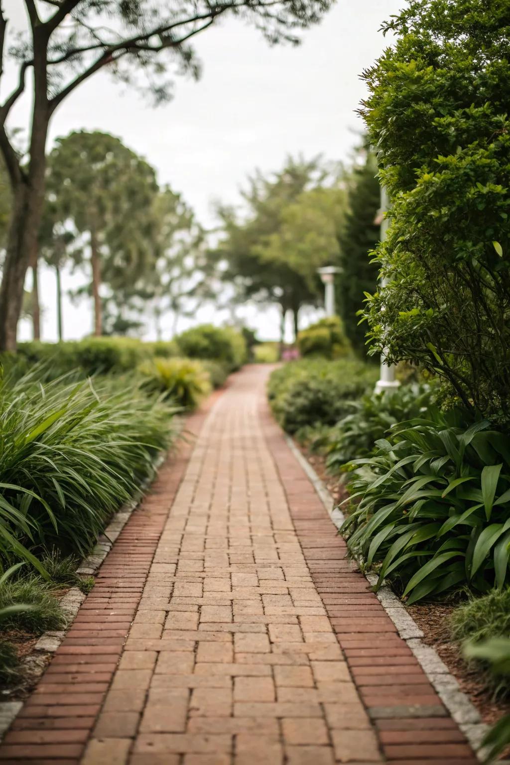 A classic walkway paved with bricks brings a timeless charm to your home.