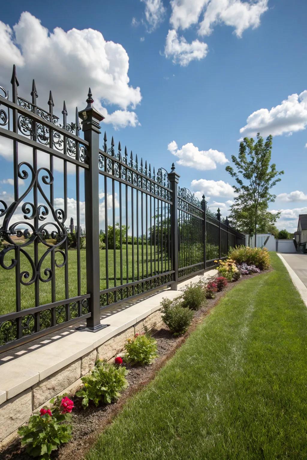 A classic decorative metal fence with intricate scrollwork set against a clear, sunny sky.