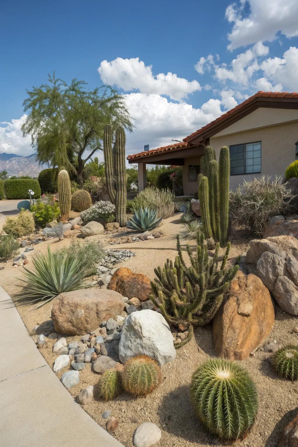 A xeriscape front yard inspired by desert landscapes, showcasing spiky plants and fleshy greenery as standout features.