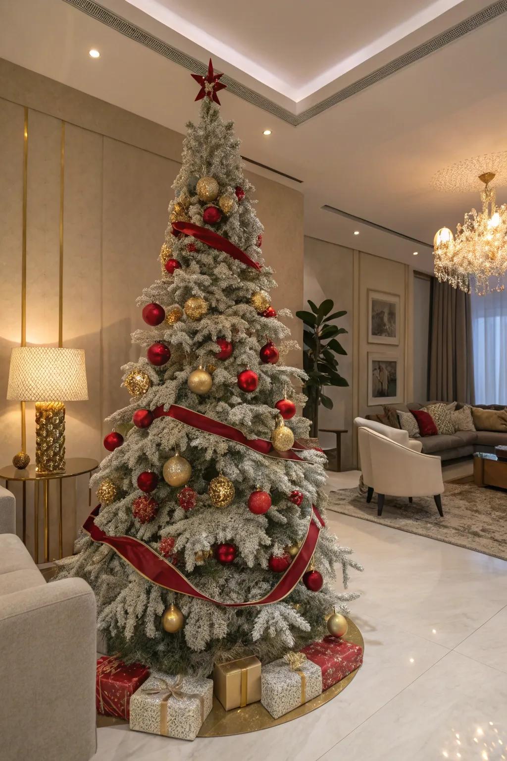Crimson and gold embellishments introduce a traditional element to this snow-kissed Christmas tree.