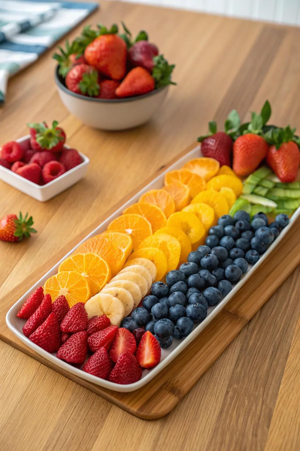 A fruit tray that perfectly embodies the rainbow's diverse colors.