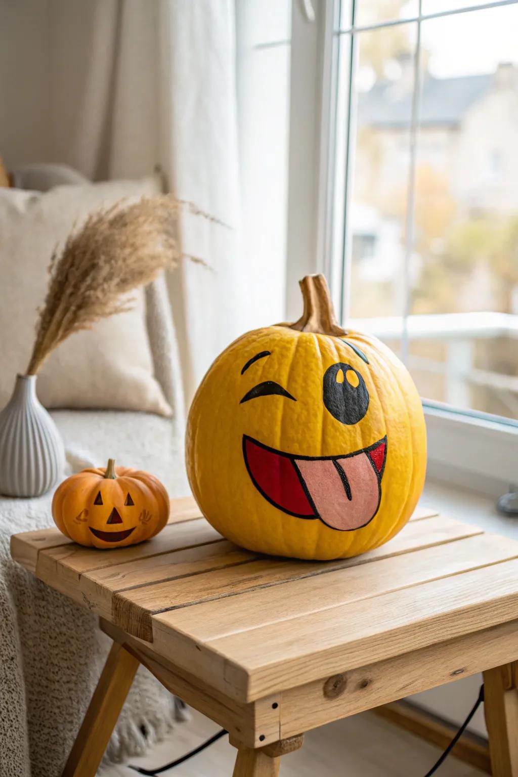 Infuse a playful spirit into your decor with a delightful emoji pumpkin! 🎃😉