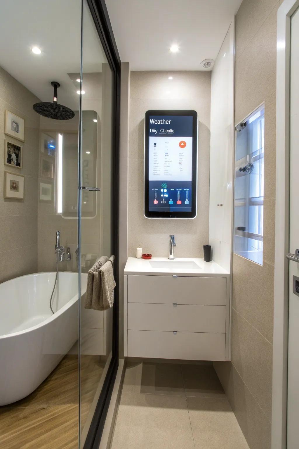 A state-of-the-art clever mirror enhances the contemporary bathroom ambiance.
