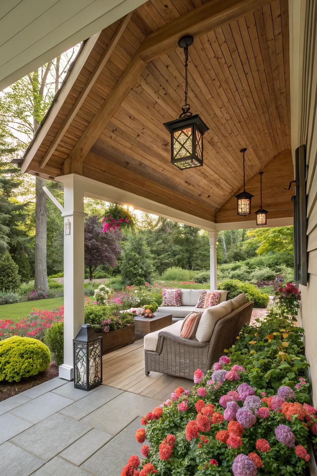 A wooden gable roof porch radiating eternal grace and coziness.