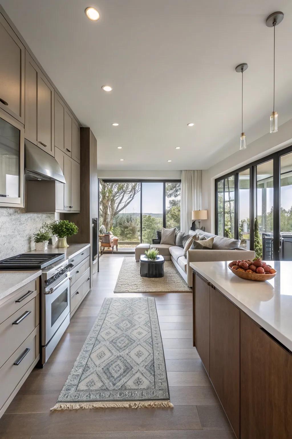 The lack of barriers provides a clear view from the kitchen right into the living area.