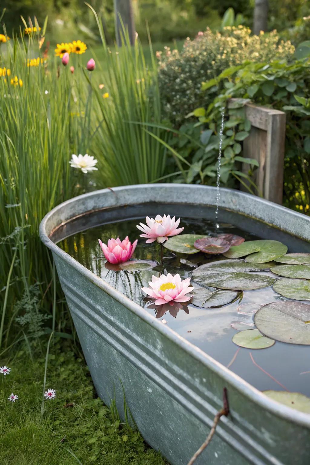 An eye-catching raised planter showcasing water-based plants within a galvanized container.
