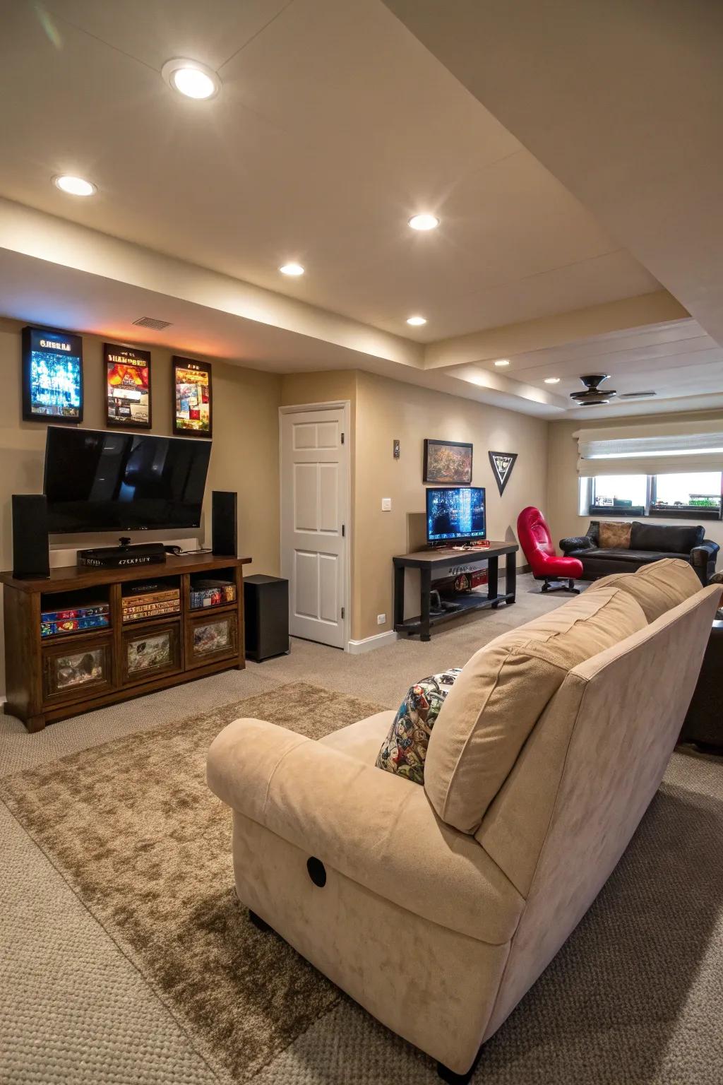 An elegant relaxation chair encouraging you to de-stress inside your gaming room.