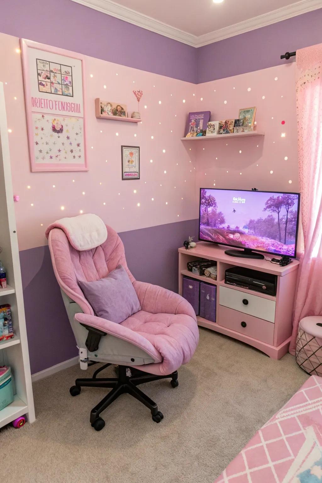 A pastel gamer girl's room that is both serene and chic.