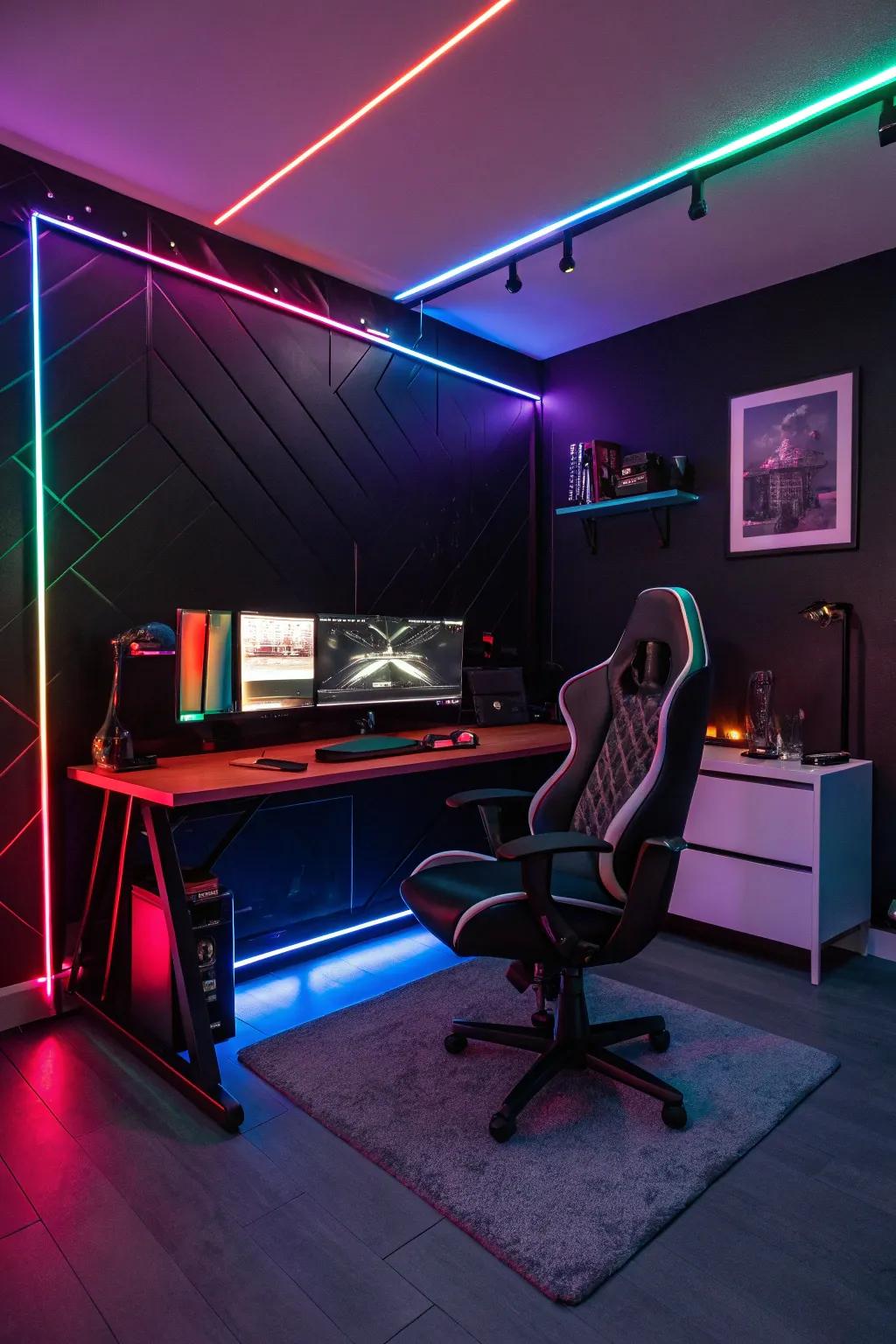 Walls painted deep black produce a polished and immersive gaming atmosphere.