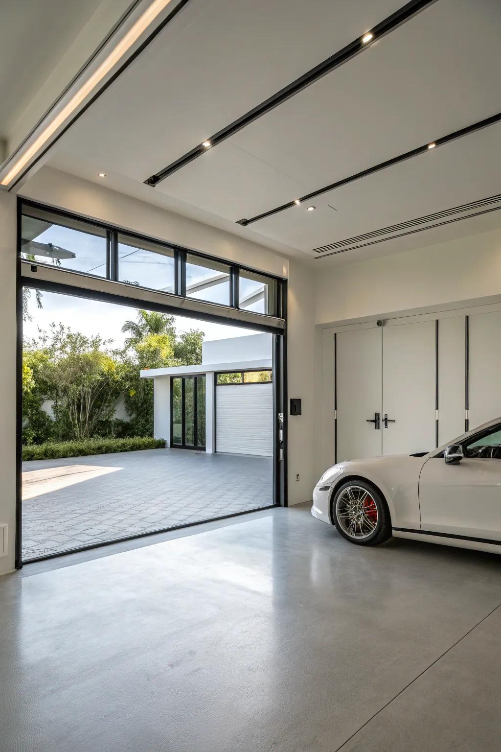A minimalist garage seamlessly integrated with a modern dwelling.