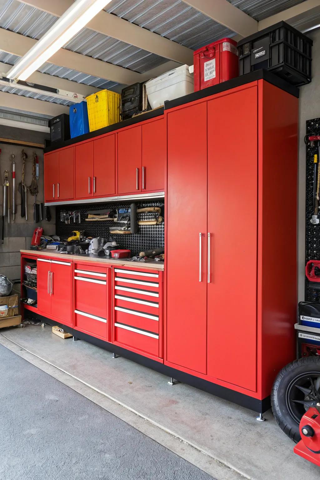 Eye-catching crimson organizers create a bold and spirited atmosphere in this vibrant garage.