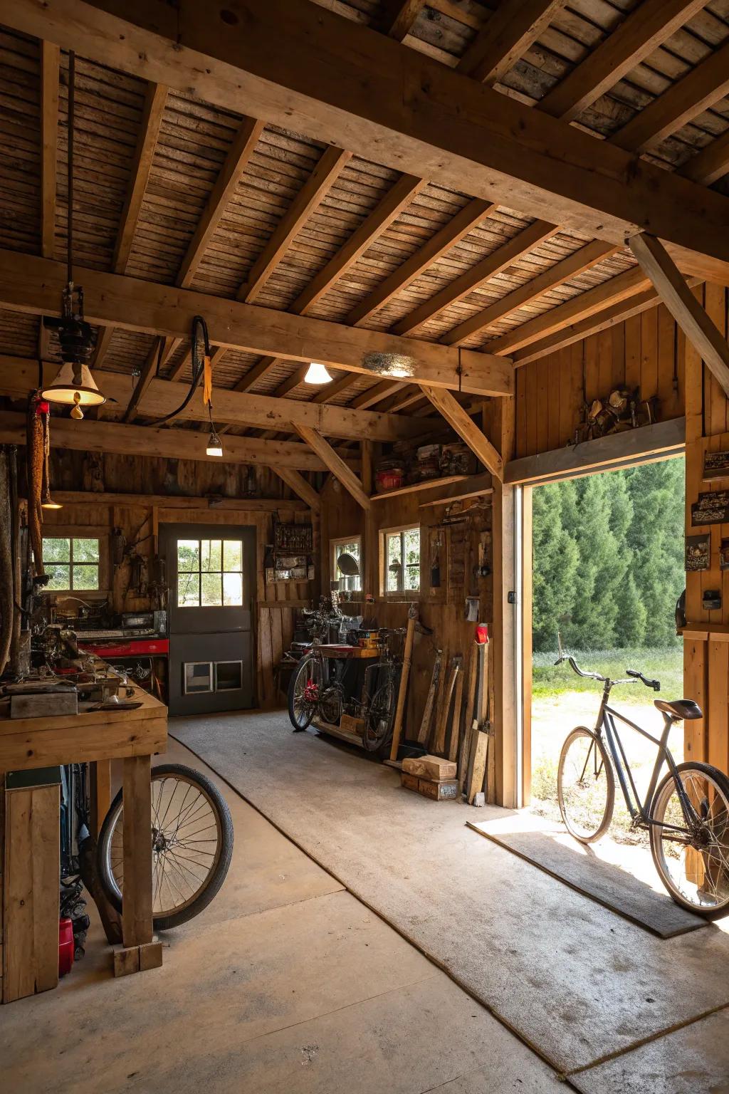 Exposed beams introduce a rustic element to your garage, evolving it into an inviting haven.