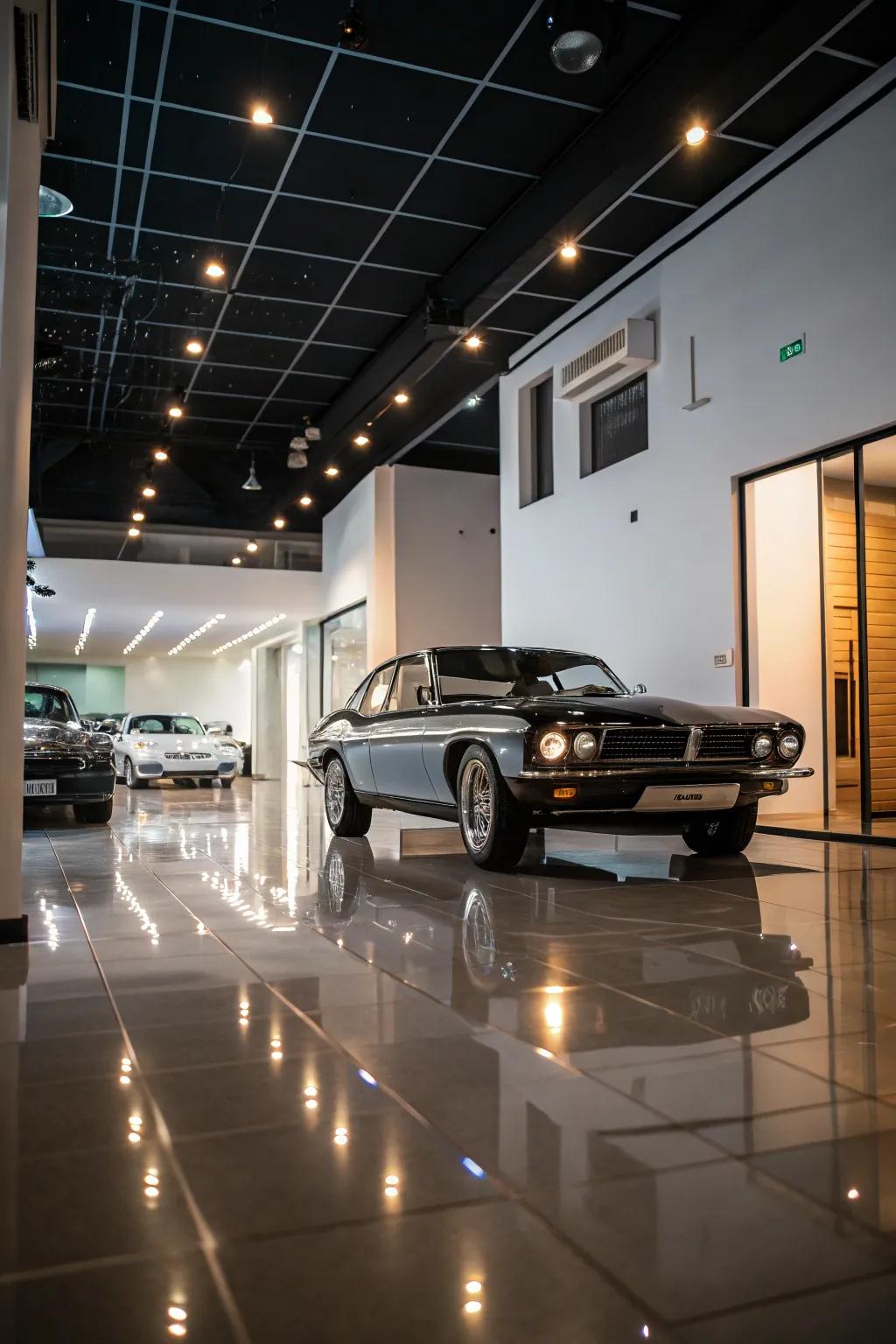 A garage transformed into a classy display area for a vintage car.