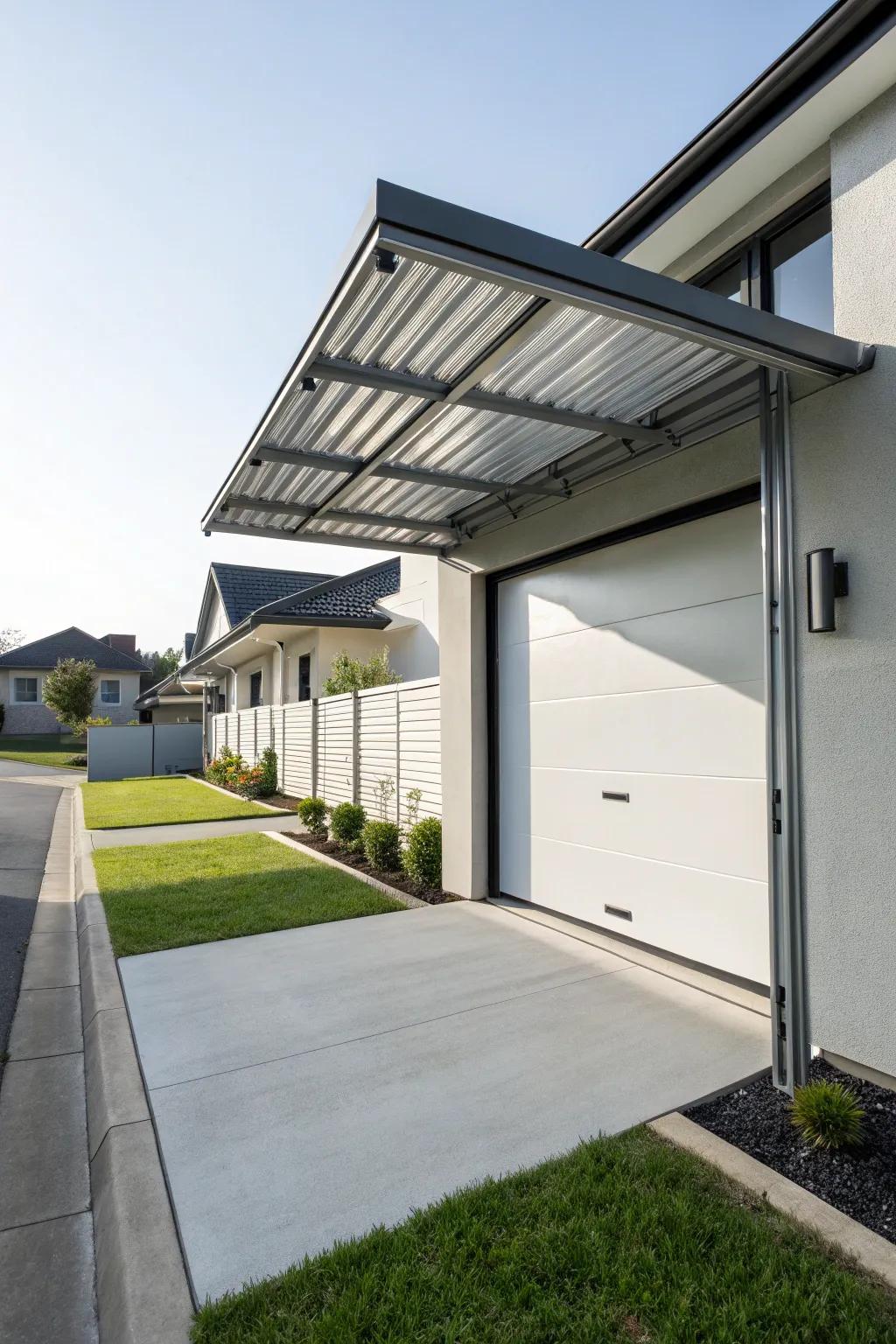 Refined metal overhead cover above a modern garage entrance.