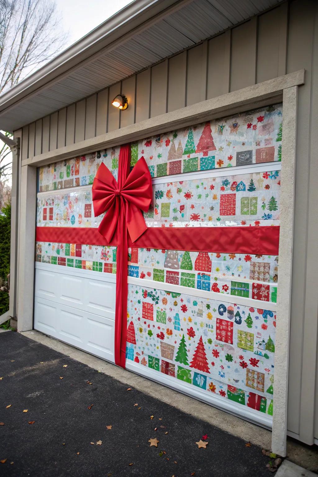 Garage door wrapped to look like a giant Christmas gift with a red bow.