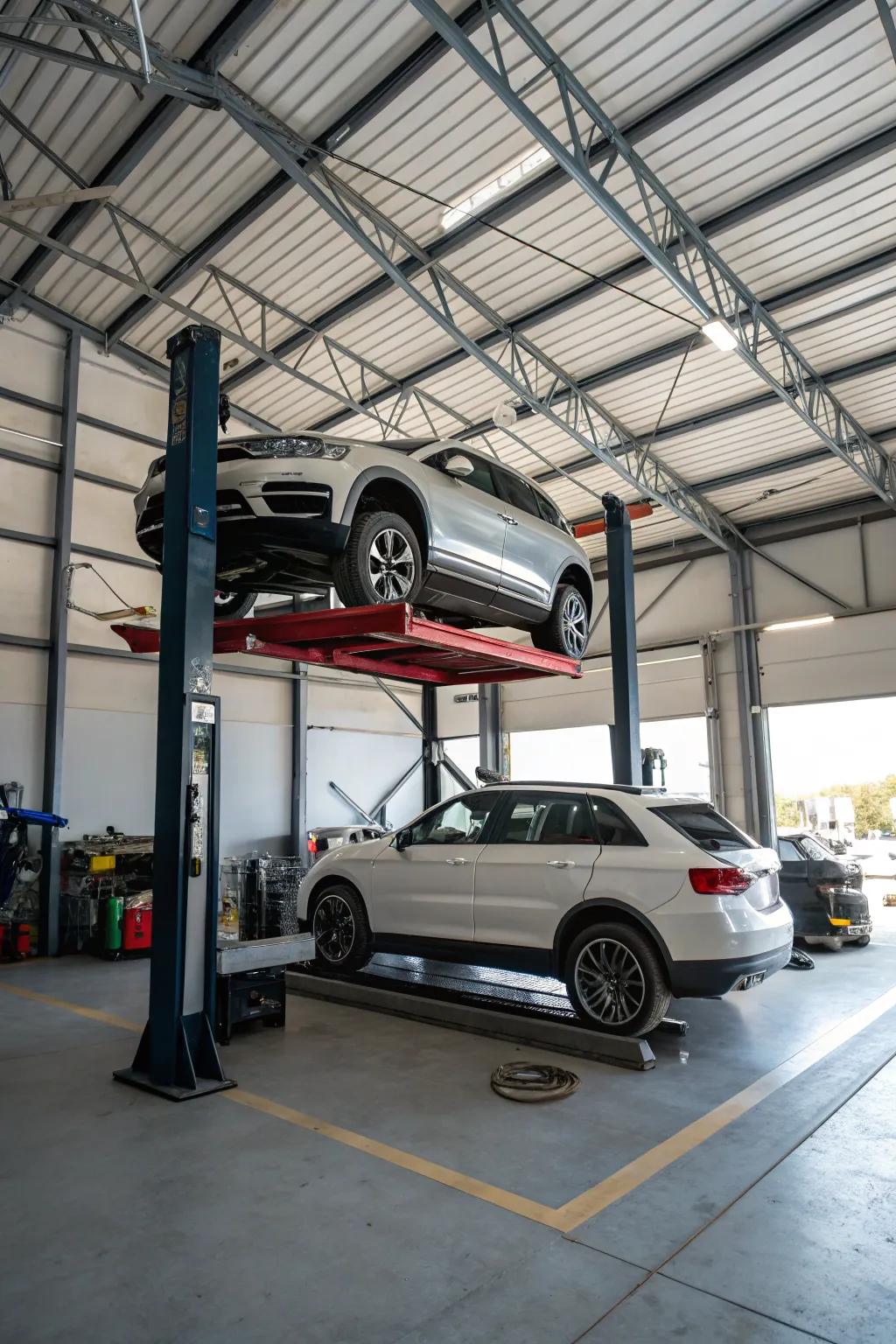 A creative application of vertical space, showcasing a refined car lift arrangement.