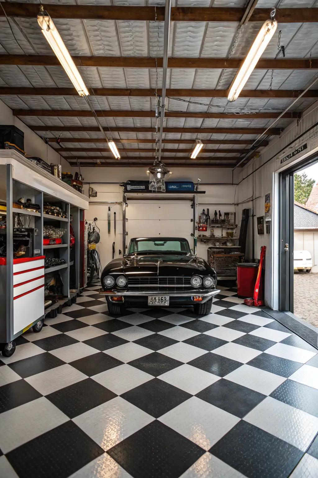 Enhance your garage's charm with a timeless checkerboard tile design.