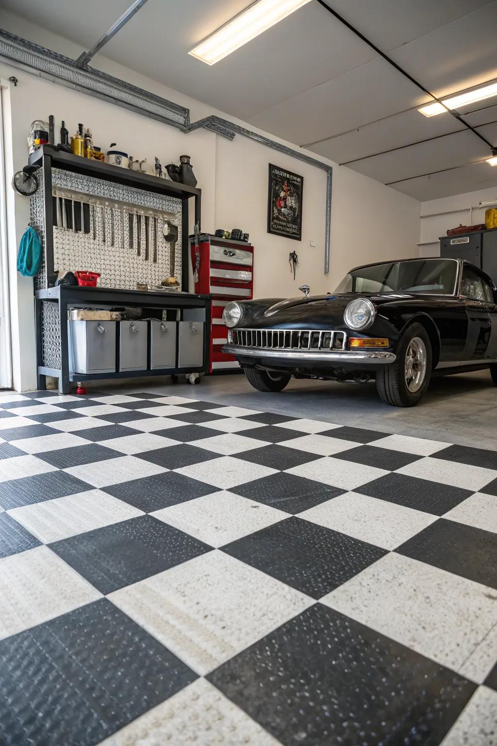 A quintessential monochrome checkered floor imparts lasting sophistication to your garage.