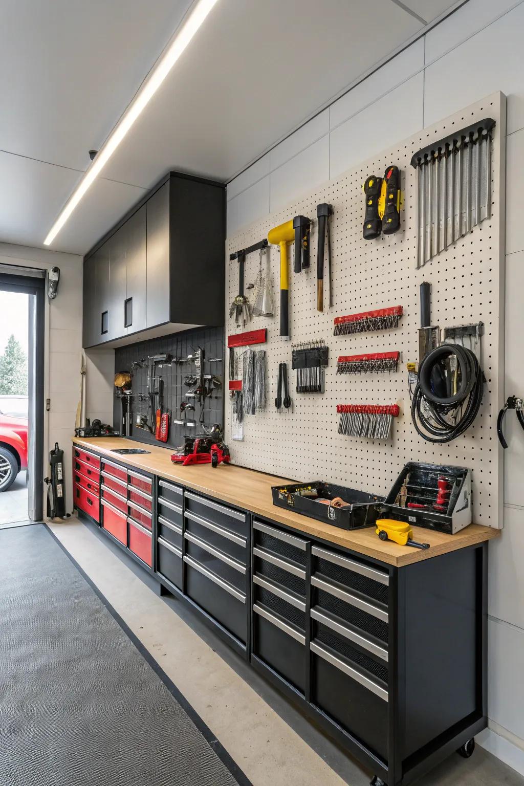Wall-mounted racks offer efficient storage for a clutter-free garage.