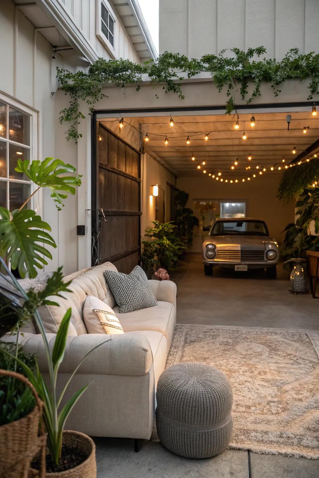 A garage has been cleverly converted into an inviting living space, perfect for relaxation.
