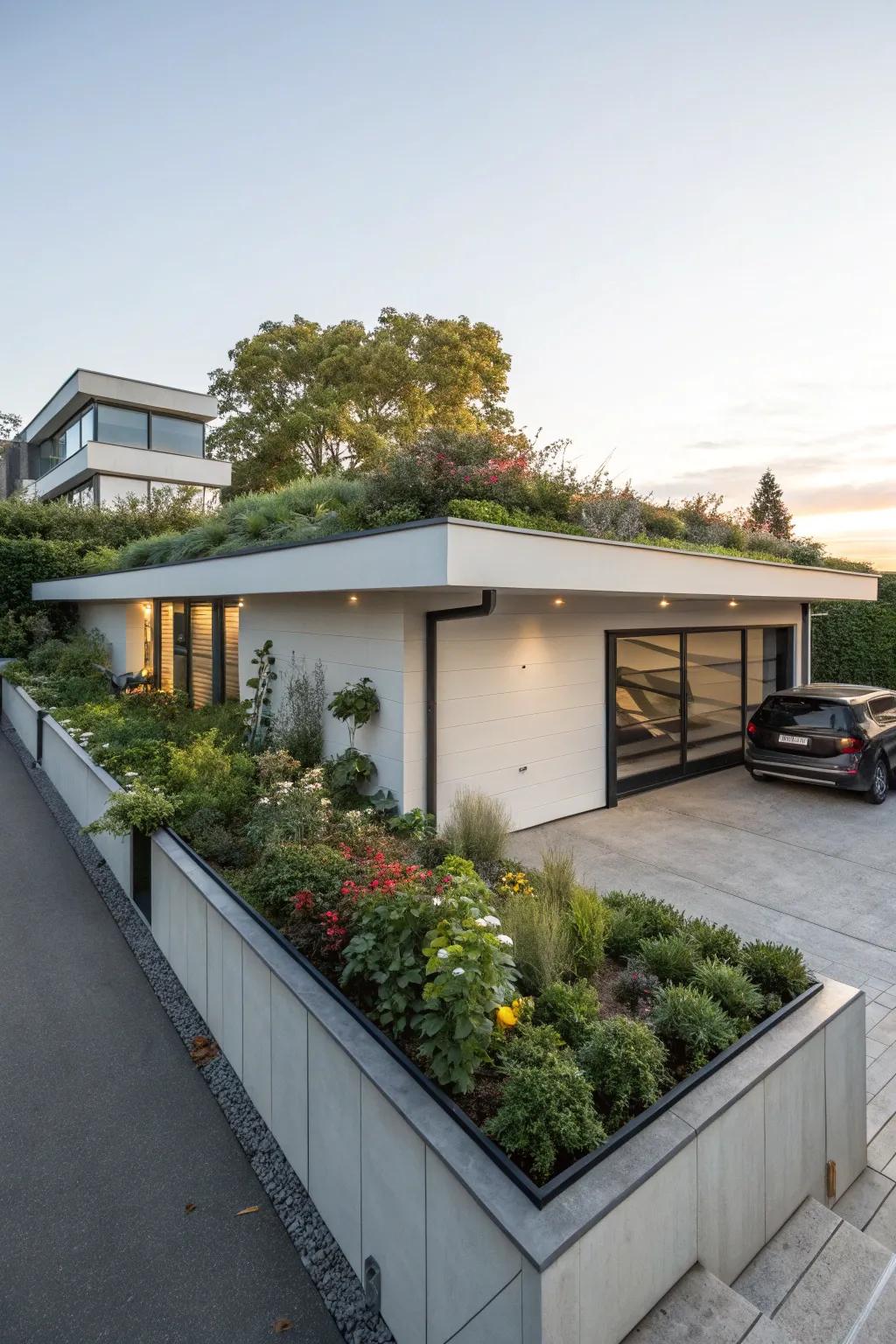 A sleek roof addition with a vibrant rooftop garden introduces contemporary sophistication.