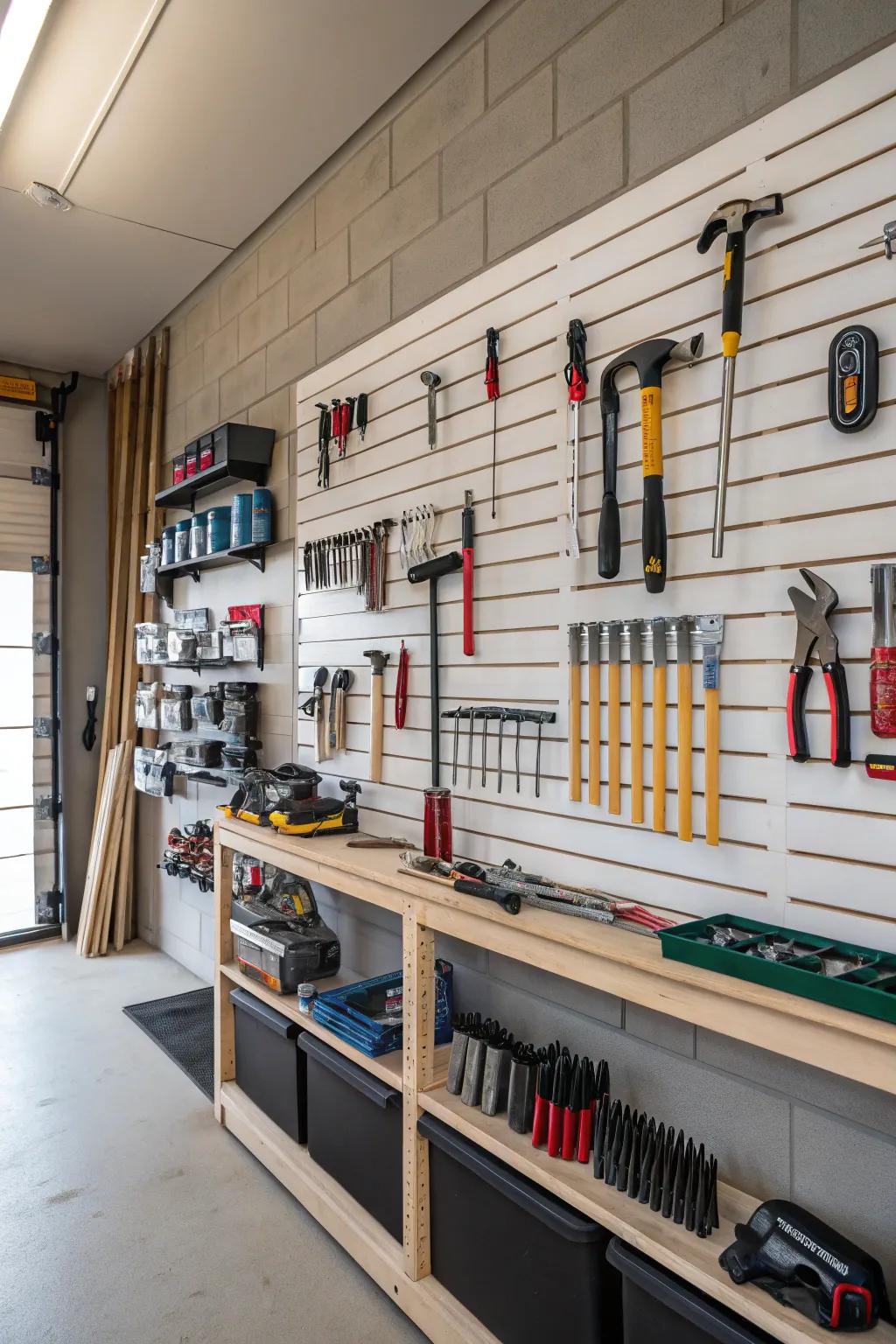 Maximize tool organization using gridwall storage options.