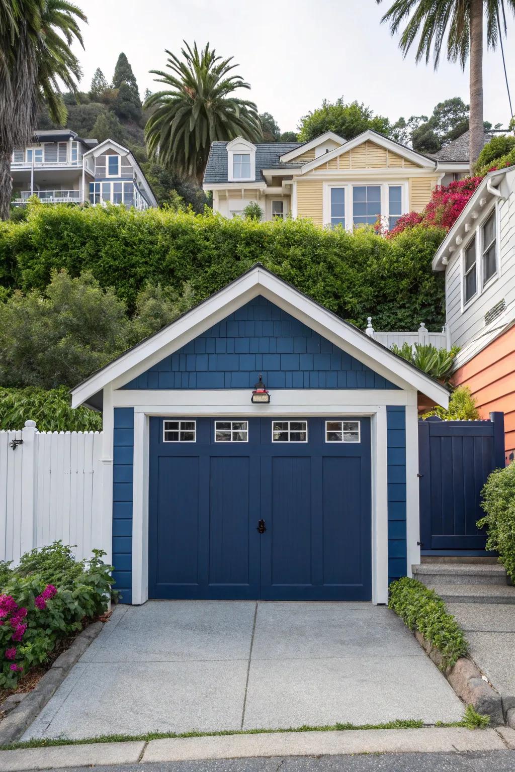 A garage entrance with trim colors that create a visually appealing contrast.