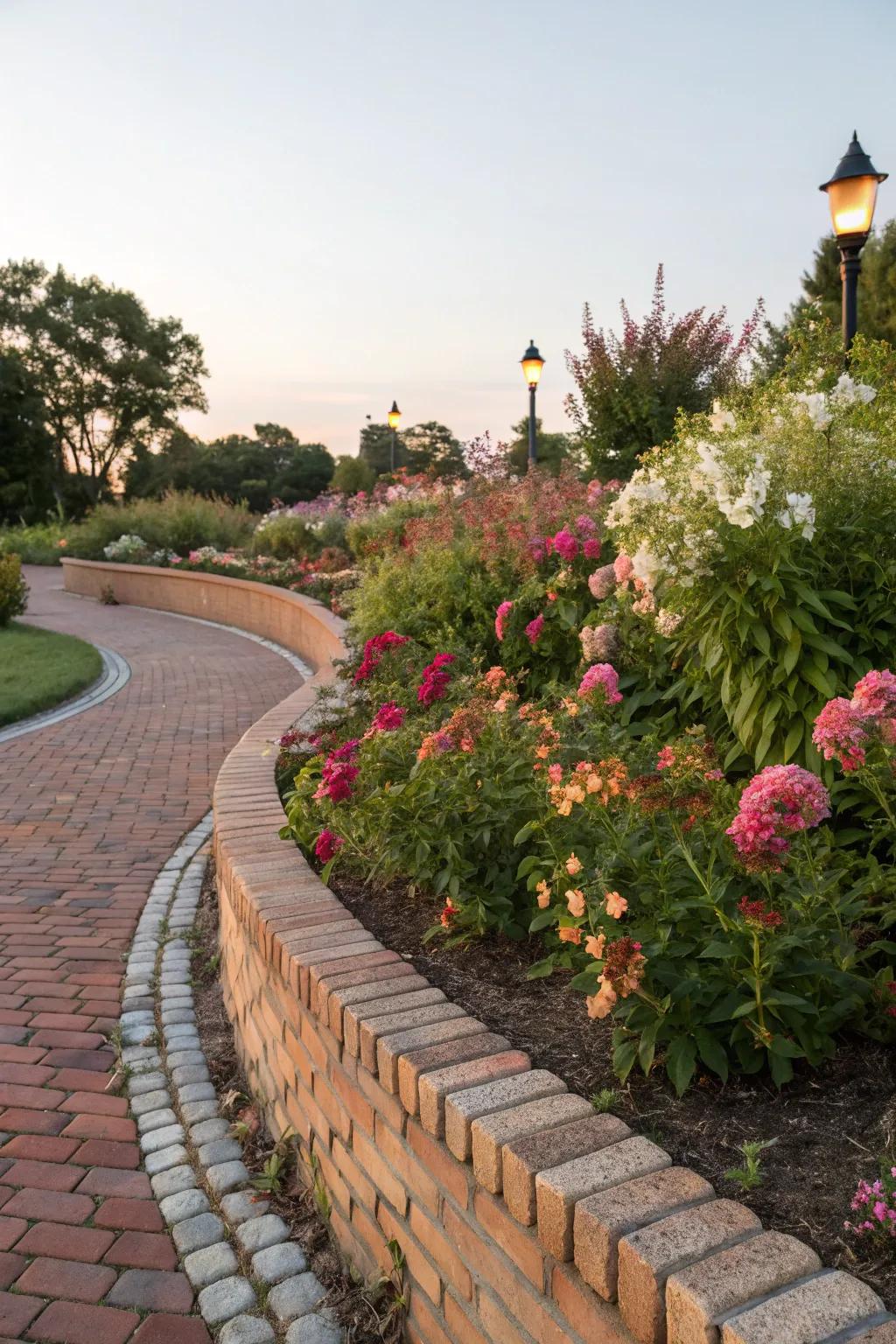 Curved brick edging gives a classic feel to garden paths.
