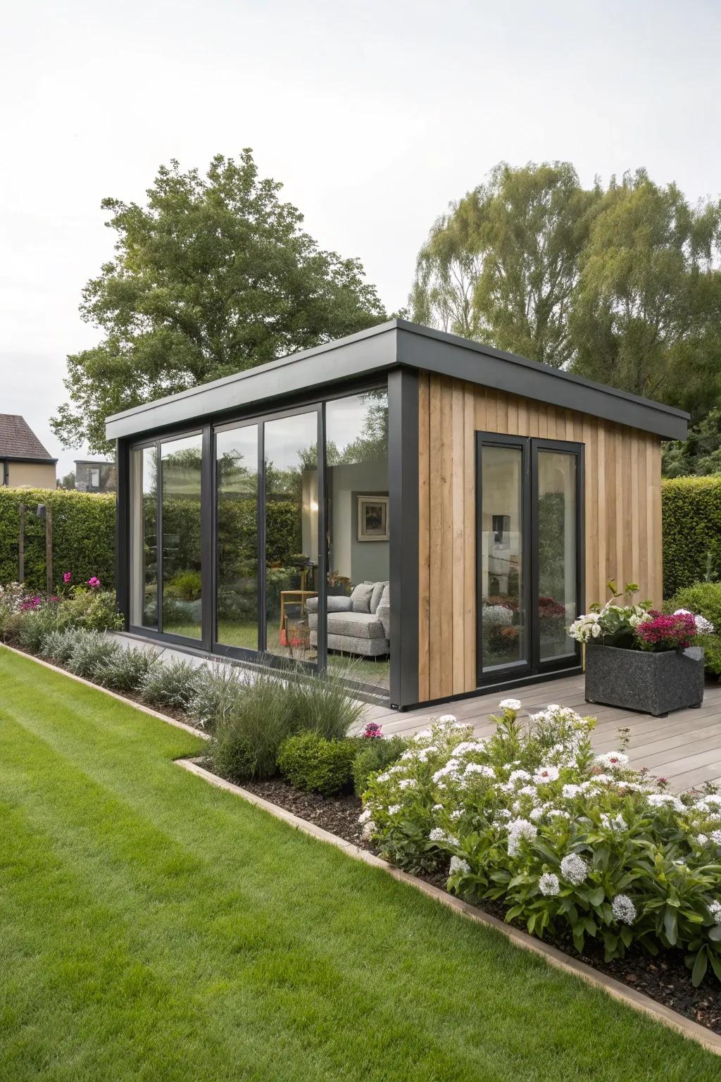 A stylish garden pod exuding contemporary charm, offering a sophisticated work retreat.
