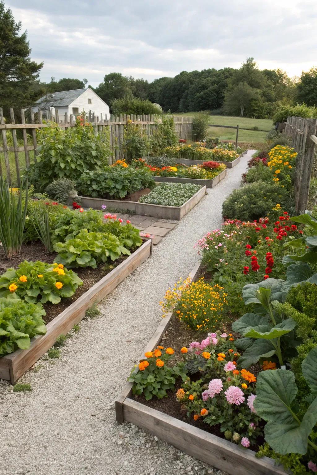 A culinary garden showcasing a mix of vibrant vegetables and flowers.