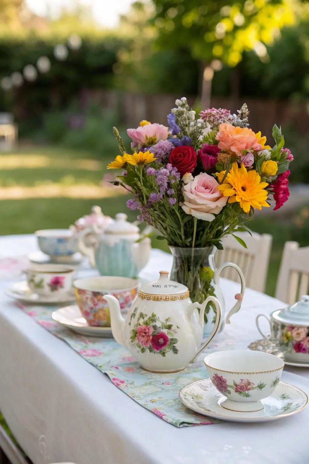 Floral arrangements nestled in vintage teapots infuse charm into any garden celebration.