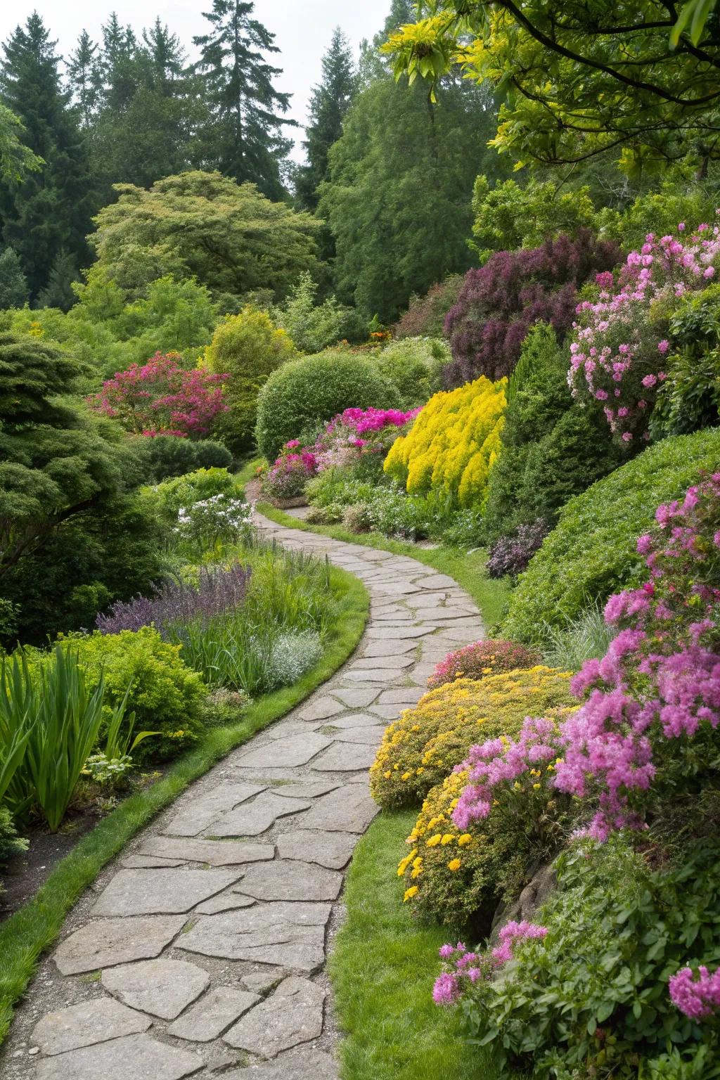 A delightful stone pathway winding through a vibrant garden.