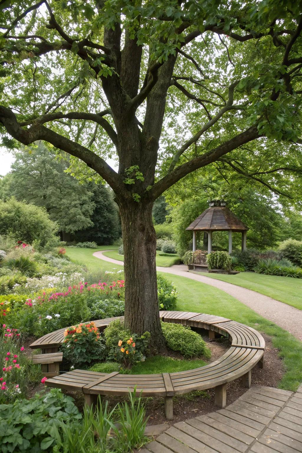 A rounded bench encircles a tree, creating an ideal relaxation nook.