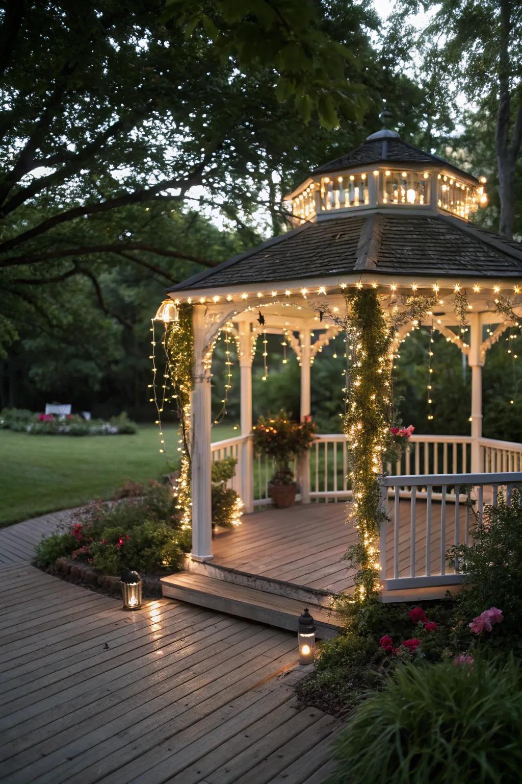 Stellar strands crafting a captivating ambiance around a gazebo.