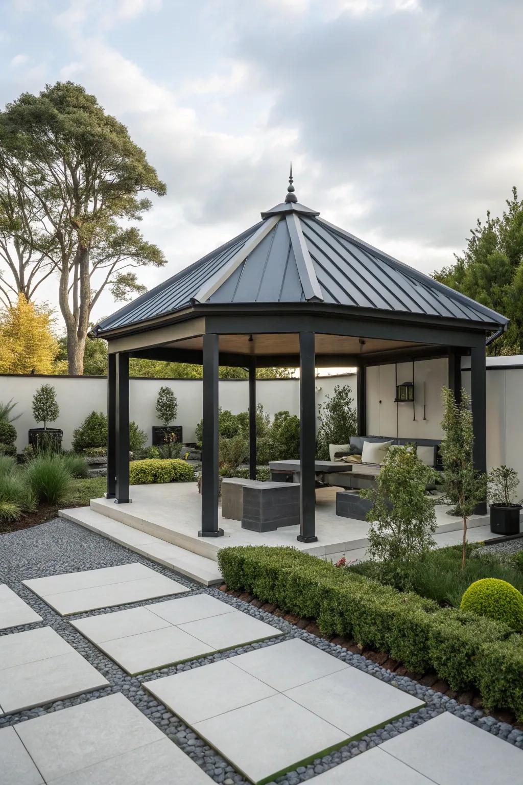 A gazebo with a streamlined metal roof in a modern garden environment.