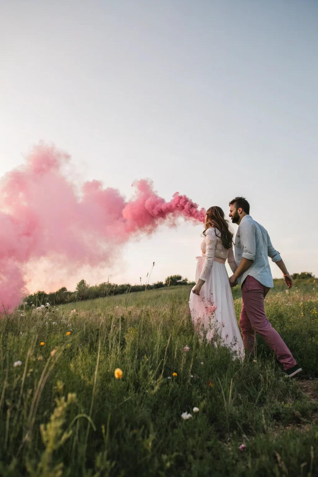 An awe-inspiring smoke canister display within a scenic outdoor landscape.