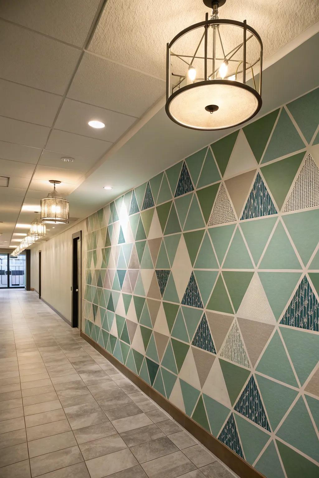 A hallway transformed by a geometric wall featuring layered triangle designs.