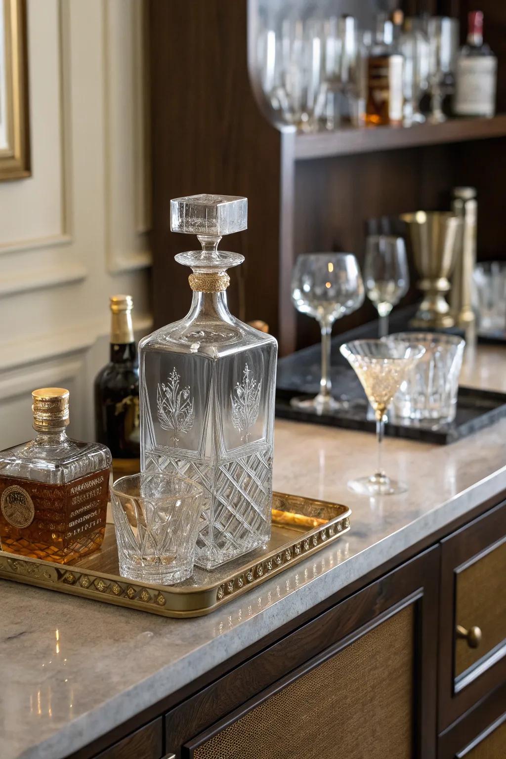 A custom engraved carafe gives a personal touch to any bar.