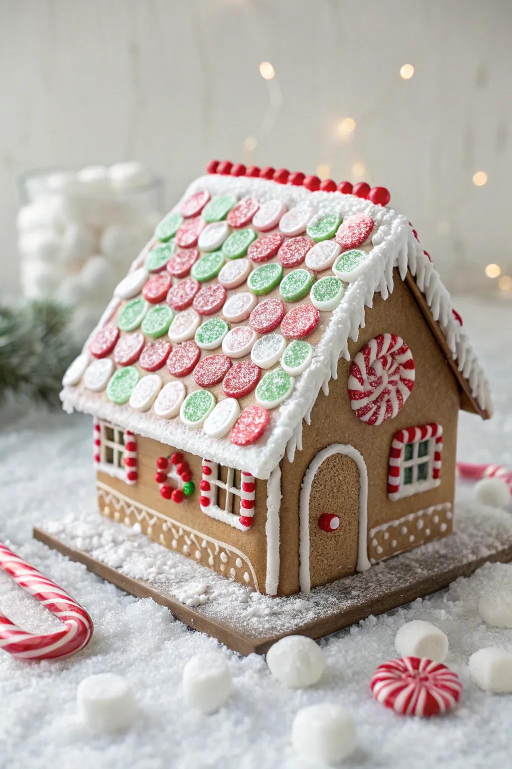 Striped sweet shingles add a festive and colorful touch to gingerbread house roofs.