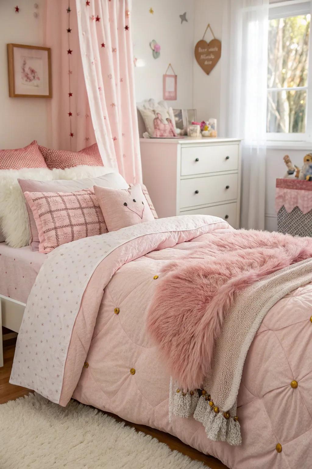 Layering various pink beddings brings a sense of depth and coziness to the room.