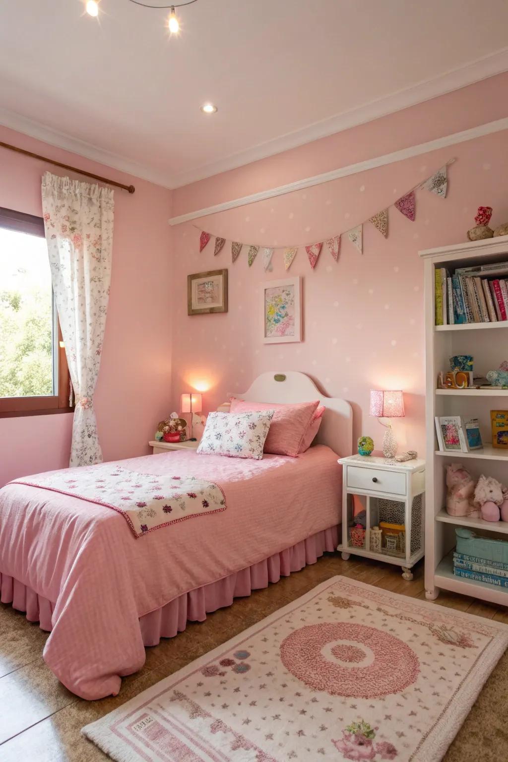 A tranquil girl's room showcasing rose tinted walls.