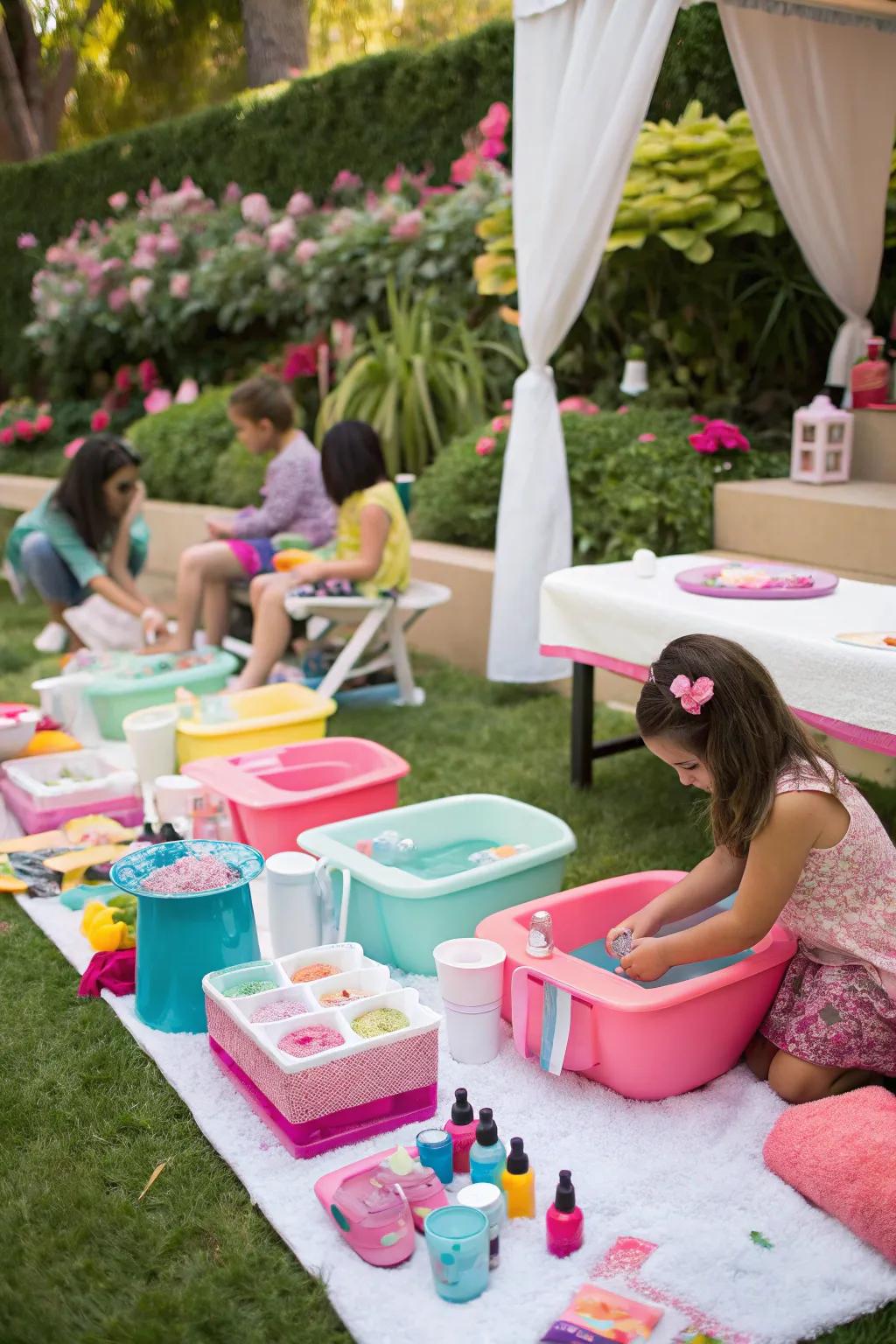 Tranquil spa corners prepared for pampering at a young girl’s birthday event.