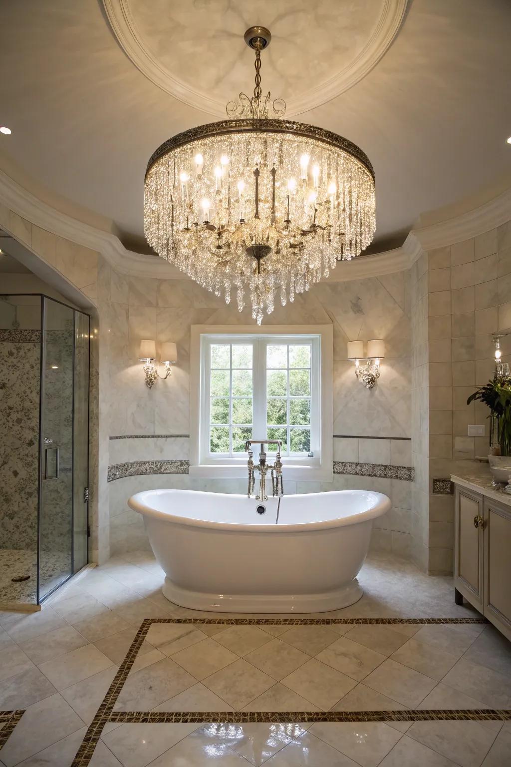 A glamorous bathroom showcasing a crystal chandelier above a freestanding tub.