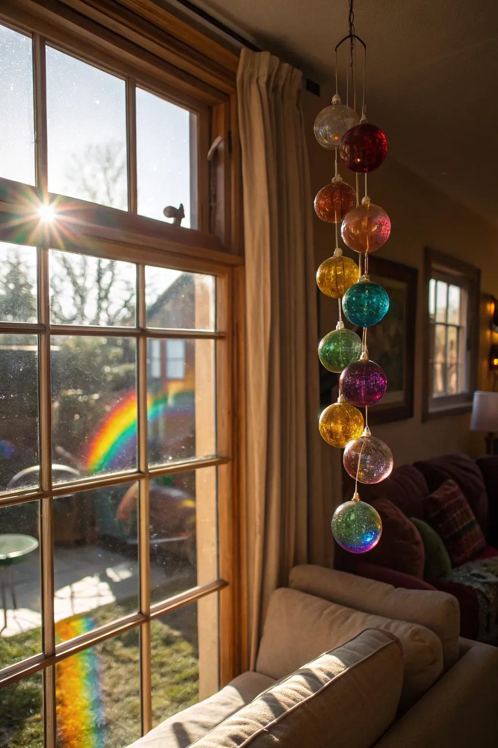 Produce a captivating effect by capturing sunlight with hanging reflective spheres.