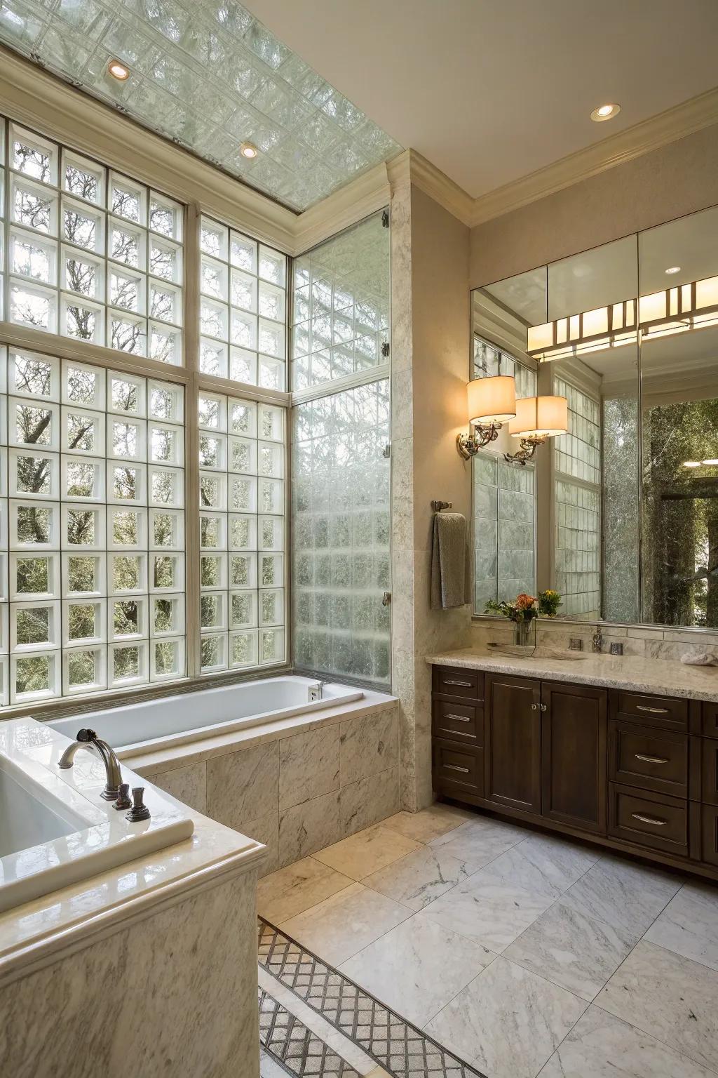 An opulent bathroom showcasing a glass block shower enclosure, conjuring a tranquil, spa-inspired vibe.