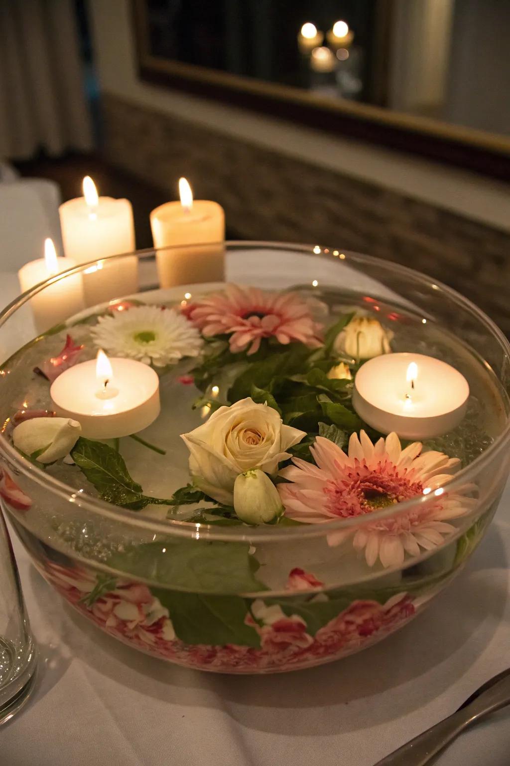 A glass bowl presenting drifting candles and blooms generates a romantic ambiance.