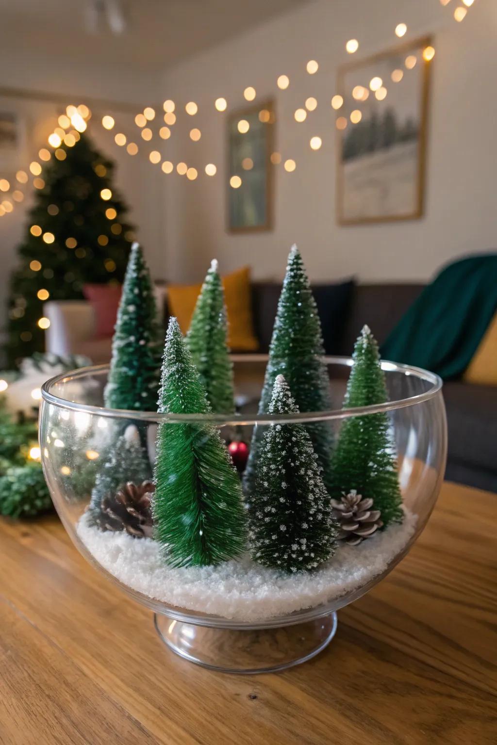 Scaled-down Christmas trees cosily arranged inside a clear bowl.