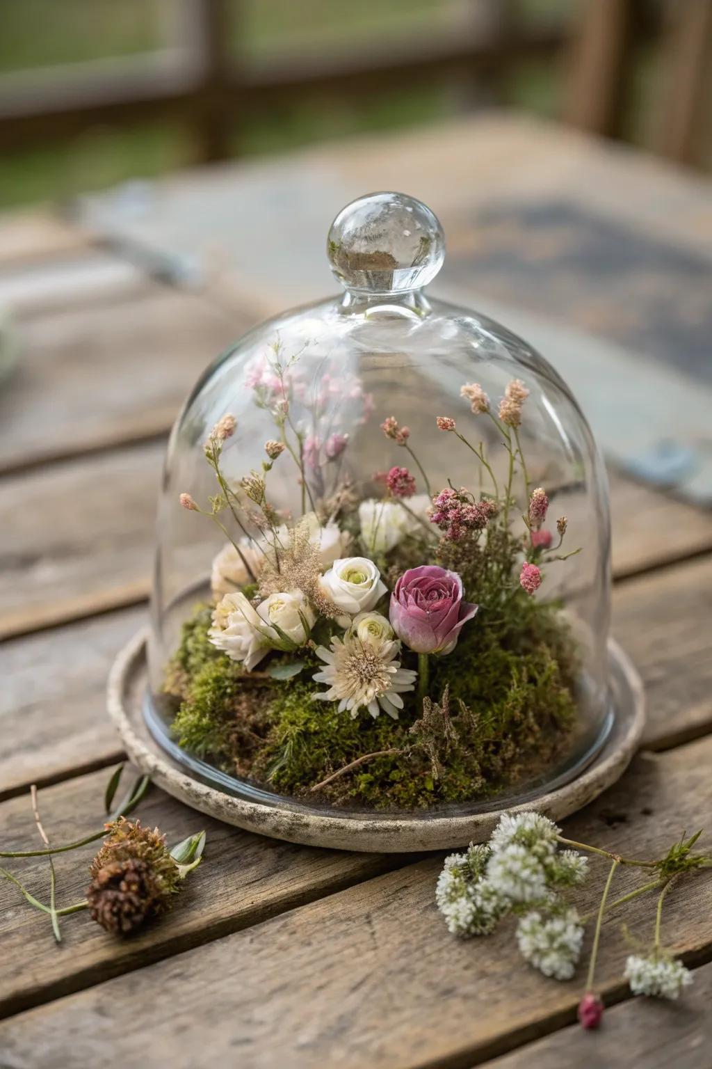 A glass cloche exhibiting preserved botanicals and foliage brings a natural vibe indoors.