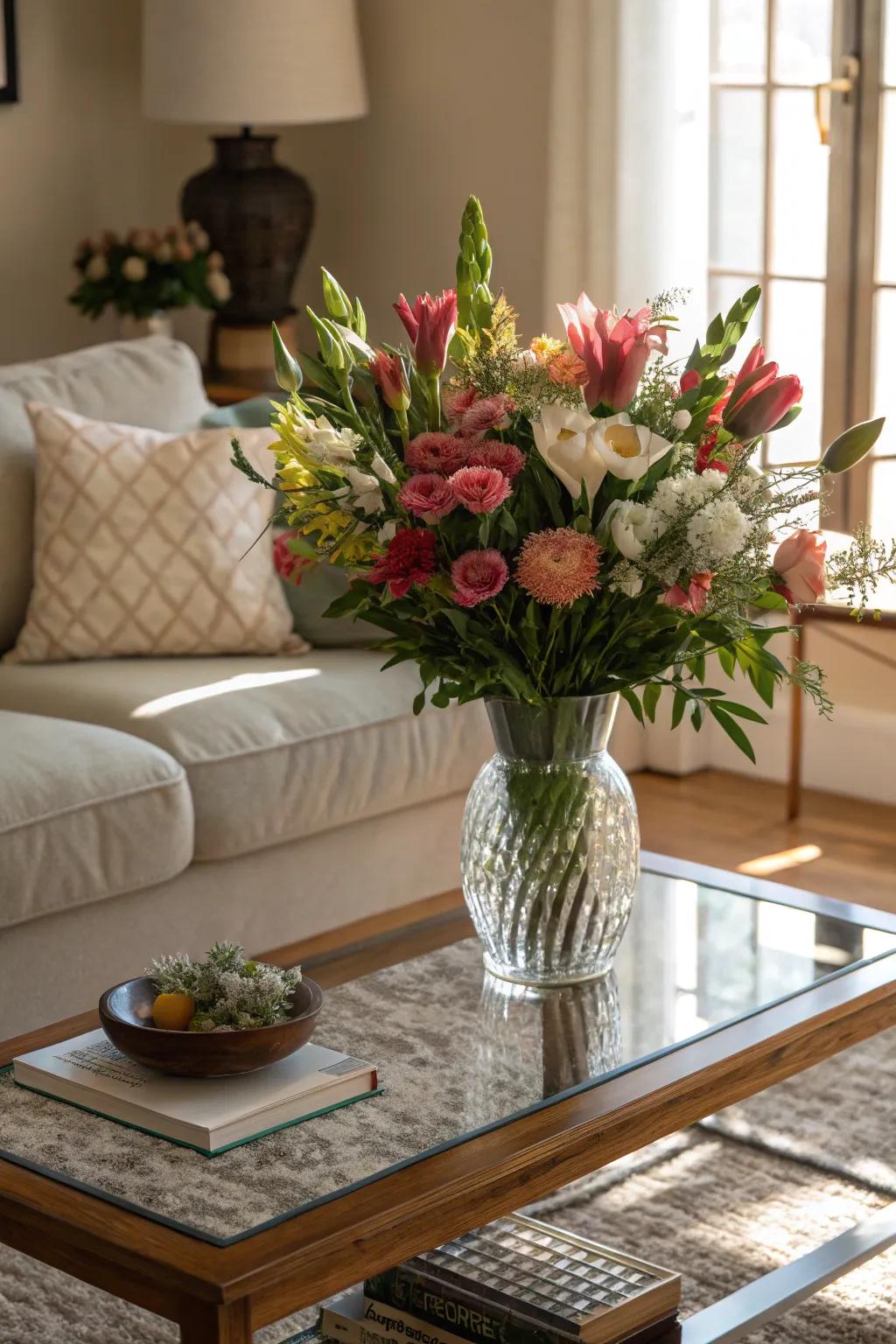 A floral centerpiece brings a vibrant burst of color to a glass coffee table.
